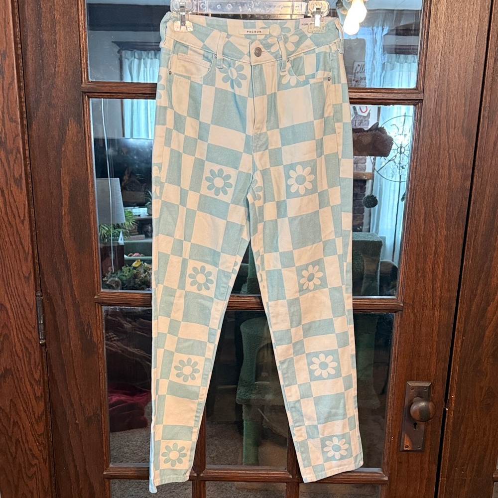 PacSun Mom Jeans Size 25‎ Blue White Checkered Daisy Floral High Waisted Denim